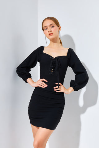 CELIA Off Shoulder Pleated Lace-up Mini Dress - VOUVELLA