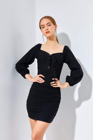 CELIA Off Shoulder Pleated Lace-up Mini Dress - VOUVELLA