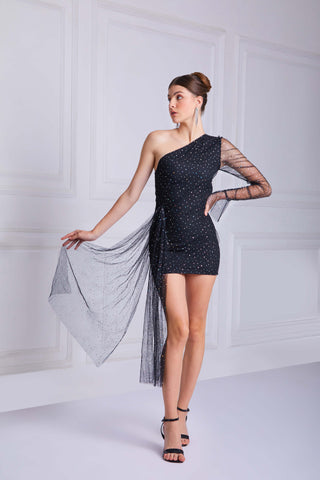 LENORA Long Sleeve Asymmetric Mini Dress in Black - VOUVELLA