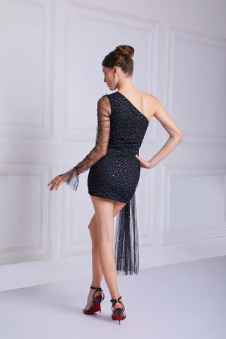 LENORA Long Sleeve Asymmetric Mini Dress in Black - VOUVELLA