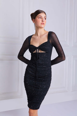 ELOWEN Halter Long Sleeve Mini Dress In Black - VOUVELLA