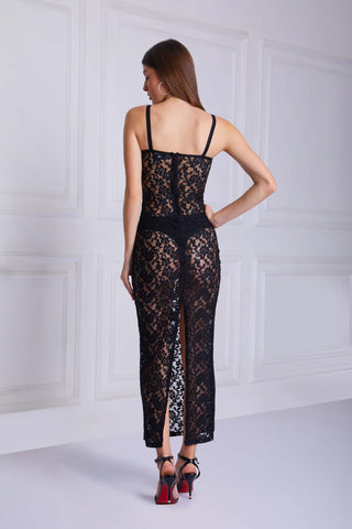 PANDORA See through Lace Slim Maxi Dress In Black - VOUVELLA