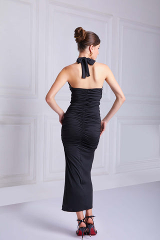 HAZEL Floral Stitched Halter Strap Midi Dress In Back - VOUVELLA