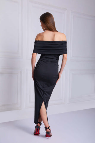 FLUER Pleated Midi Dress In Black - VOUVELLA