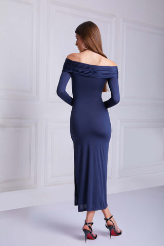 ESTELLE Pleated Long Sleeve Maxi Dress In Dark Blue - VOUVELLA