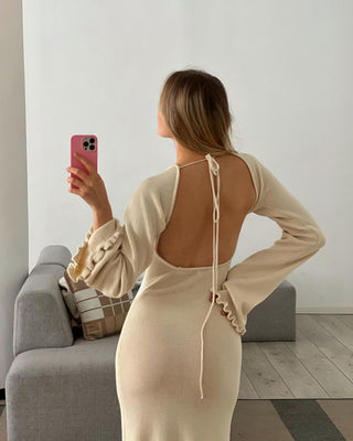 SEREN High Waist Backless Maxi Dress In Apricot - VOUVELLA