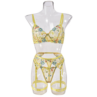Sexy See through Yellow Pastoral Floral Bra Garter T Back Three Piece Set with Leg Ring Sexy Lingerie Sets