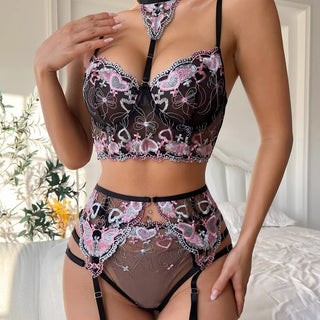 Sexy Thin Transparent Heart Butterfly Embroidery Split Sexy Lingerie Set