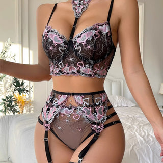 Sexy Thin Transparent Heart Butterfly Embroidery Split Sexy Lingerie Set
