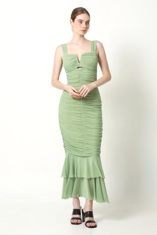 DANA Ruched Maxi Dress In Green - VOUVELLA