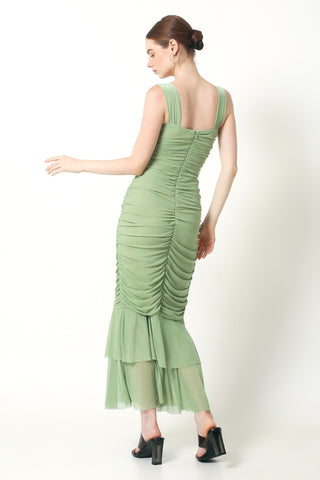 DANA Ruched Maxi Dress In Green - VOUVELLA