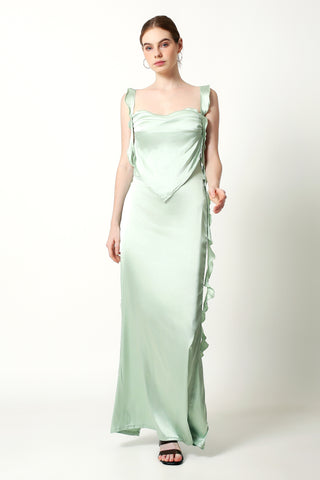 AMALIA Lace Strap Backless Ruffled Ribbon Maxi Dress In Green - VOUVELLA