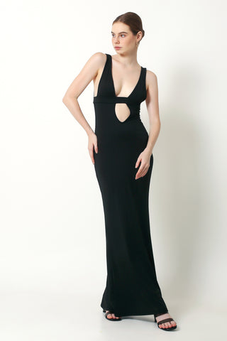 DELILAH Deep V Plunge Hollow Out Maxi Dress In Black - VOUVELLA
