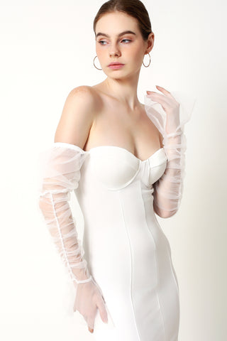ELOISE Mesh Sleeve Slimming Mini Dress In White - VOUVELLA