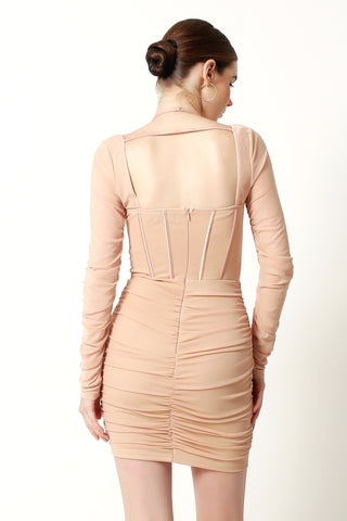 LIZ Mesh Pleated Long Sleeve Halter Mini Dress - VOUVELLA